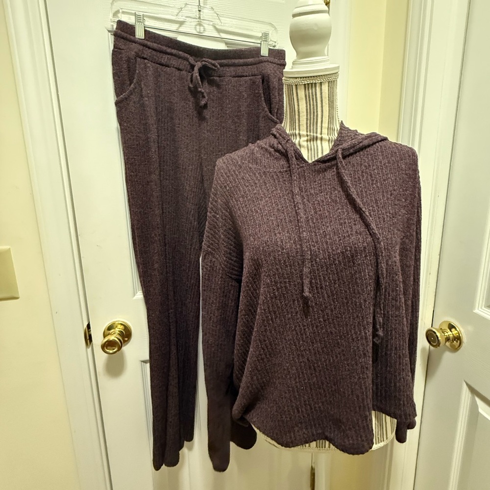Grace and Lace Cozy Purple Knit Hoodie and Pants Set Ribbed Medium